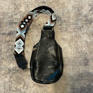 Small Black crossbody sling bag with embroidered strap